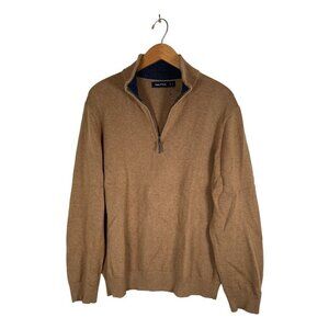 Nautica Mens Size L Camel Sweater Pullover Top  1/4 Zip Faux Leather Tab Cotton